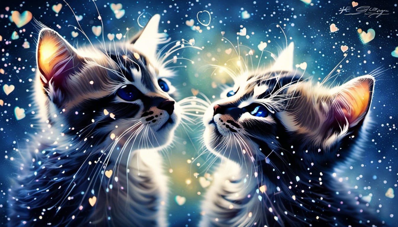 Constellation Kittens Kissing in Opalescent Garden