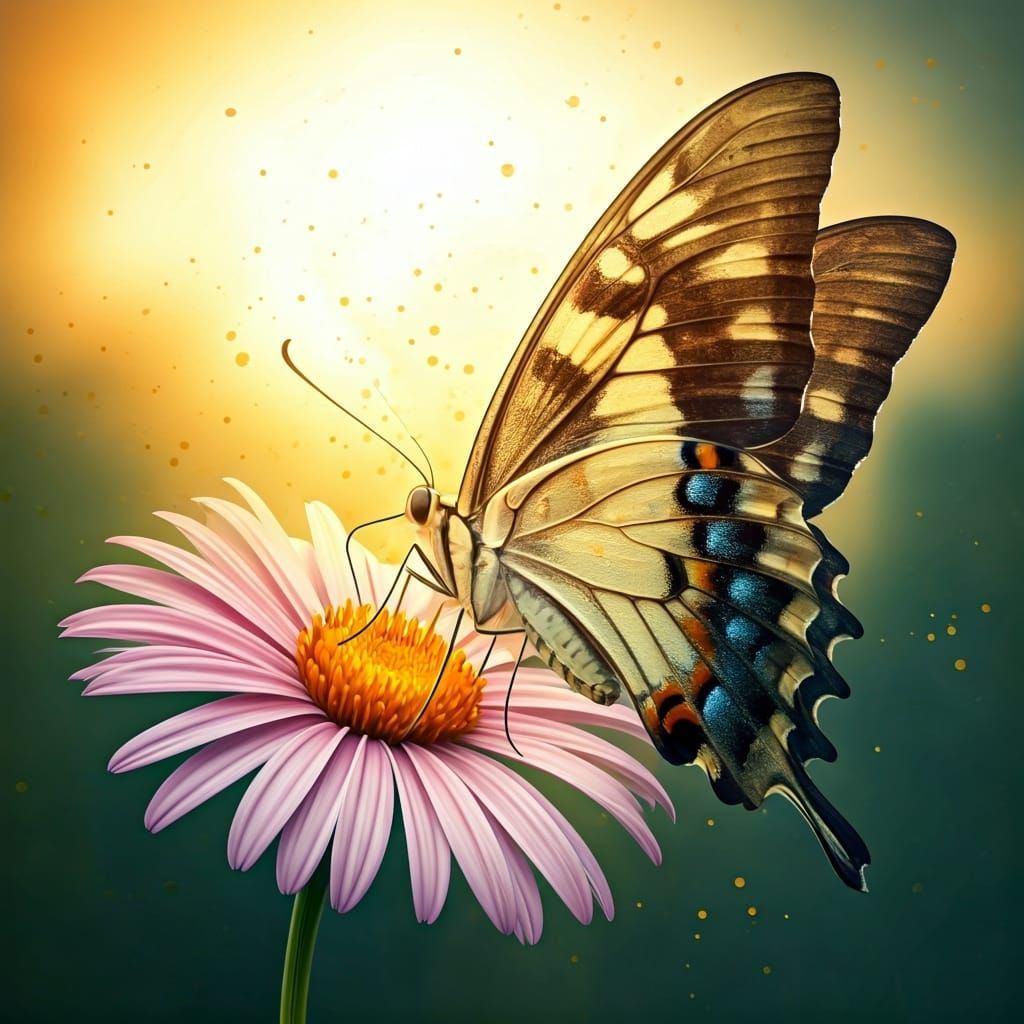 Butterfly on Flower in Hyperrealistic Watercolor Style