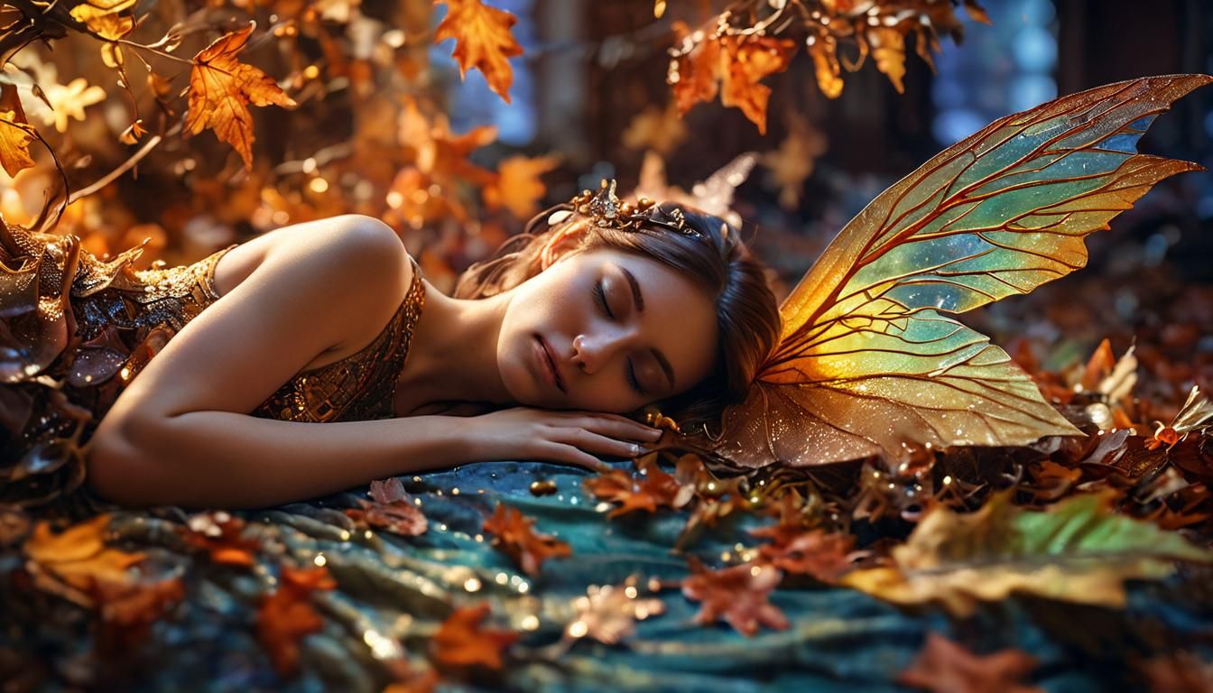 Sleeping Person Surrounded by Fairies and Dragons