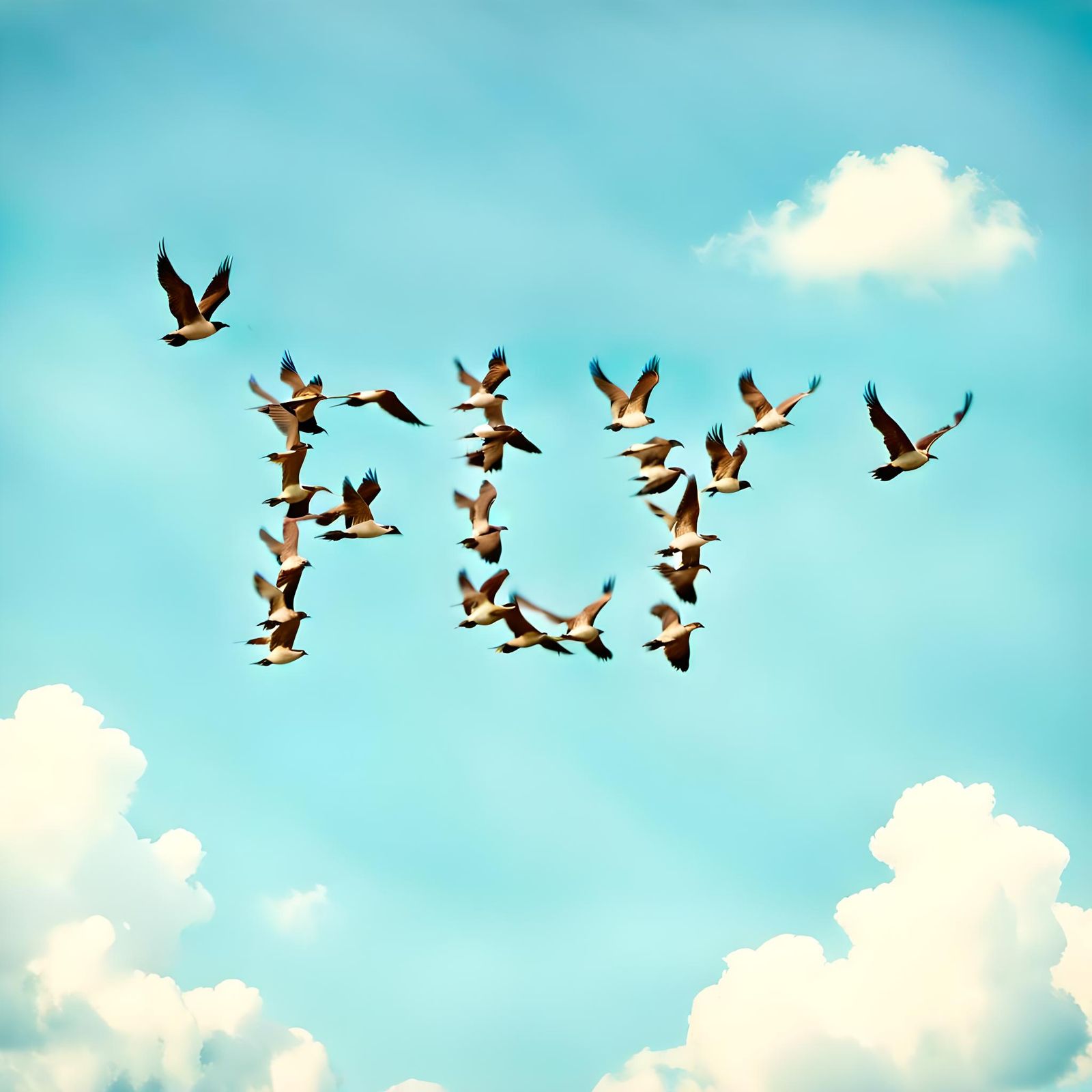 Birds Spell 'FLY' in Blue Sky: Vintage Photograph