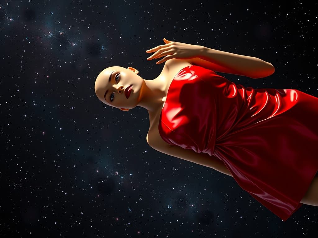 Serenely Floating Mannequin in Vibrant Red Dress Amidst a St...