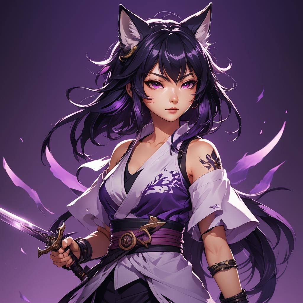 Anime Kitsune Warrior with Glowing Purple Eyes