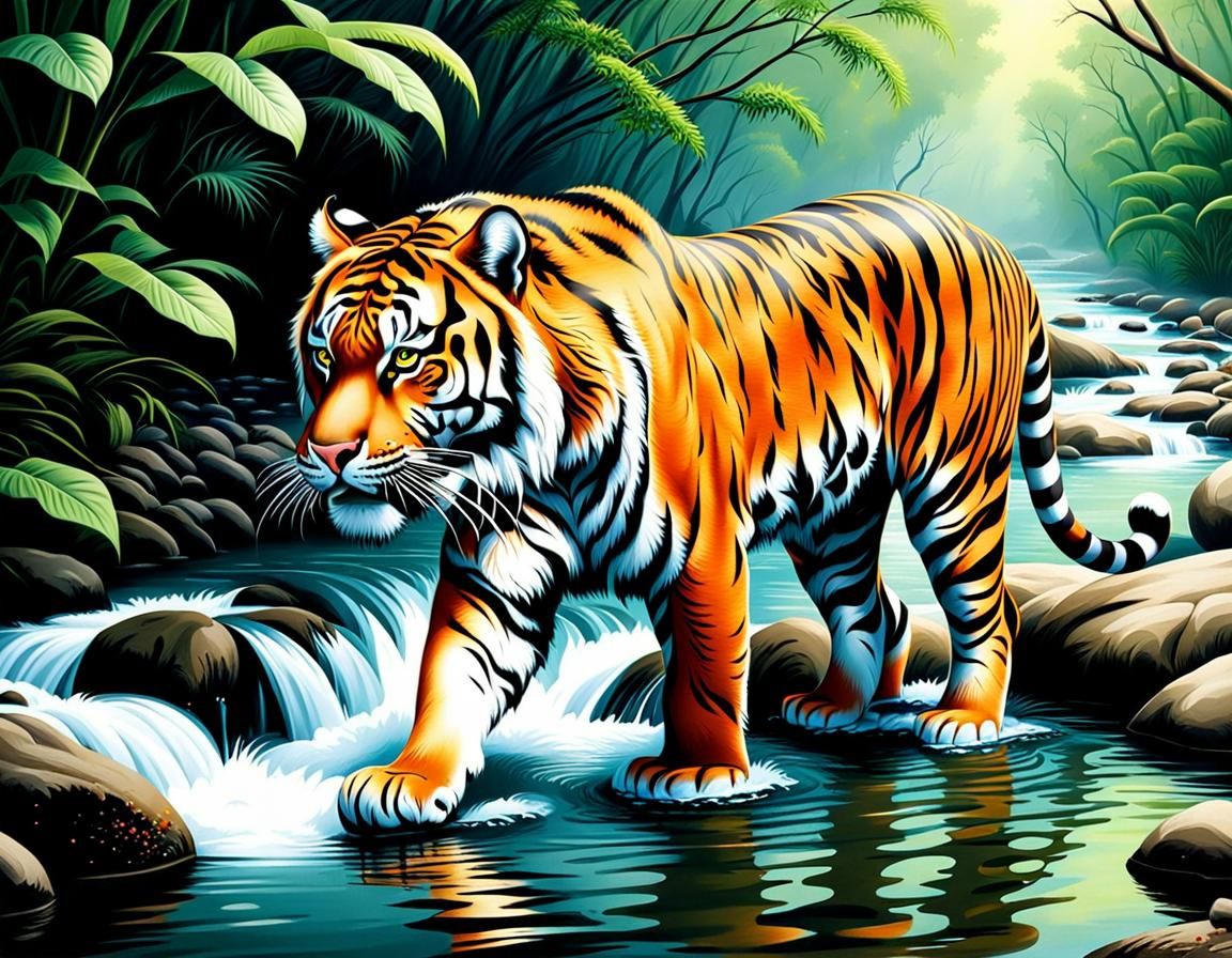 Elegant Tiger in River Airbrush Art
