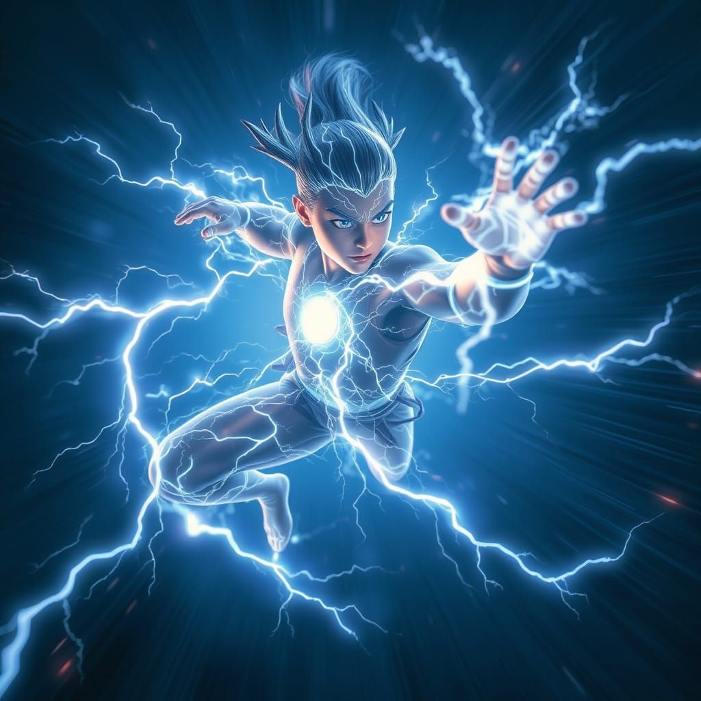 Electric Lightning Warrior in Powerful Martial Arts Pose