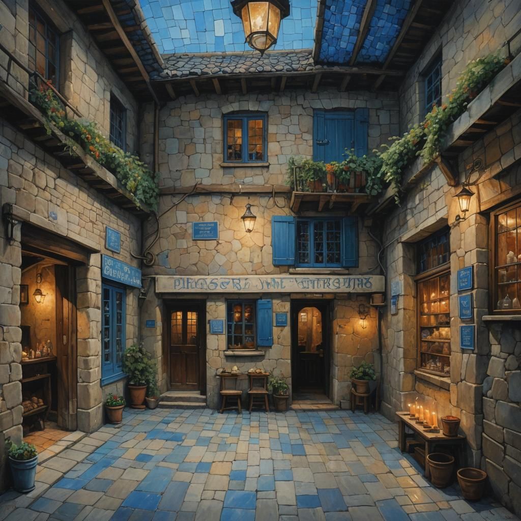 The shop is a two-storey stone-walled building, with a blue ...