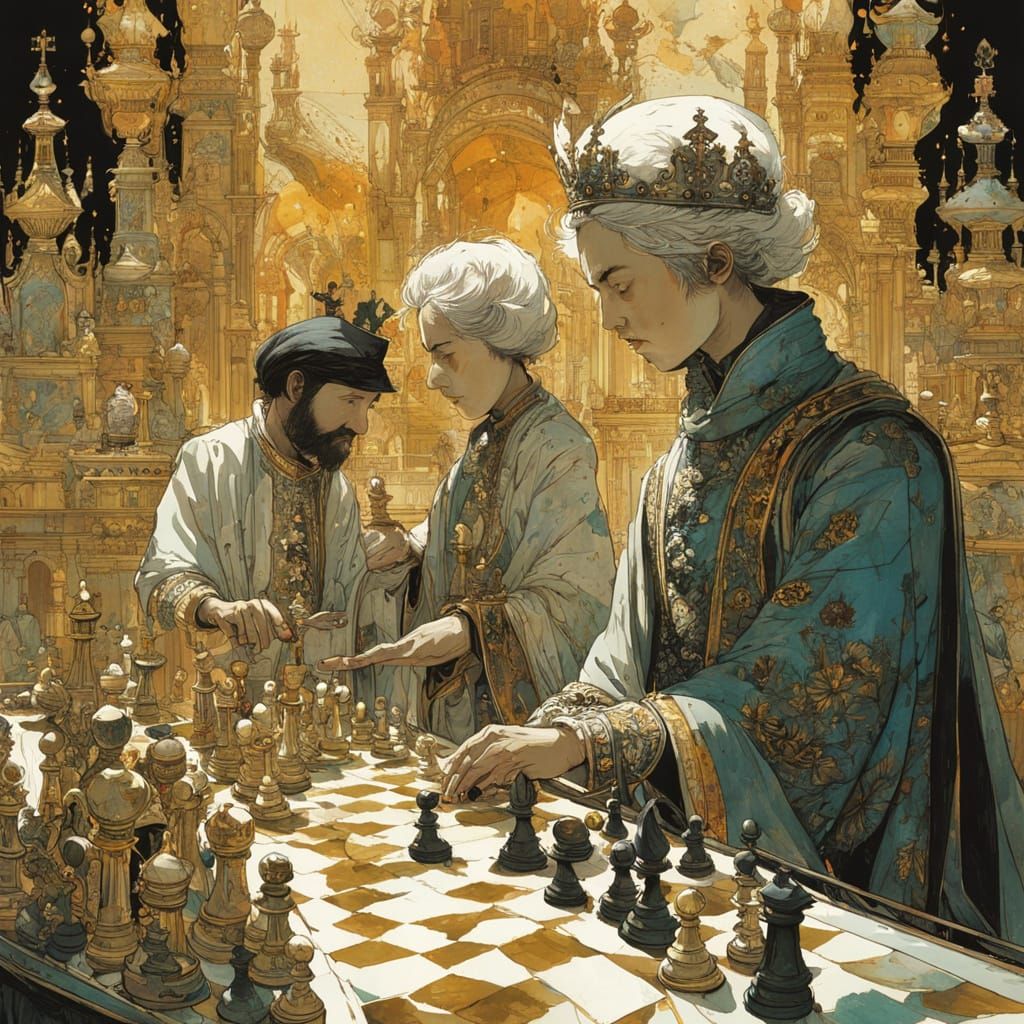 Watercolor Chess Game: King Beats Queen in Maximalist Style