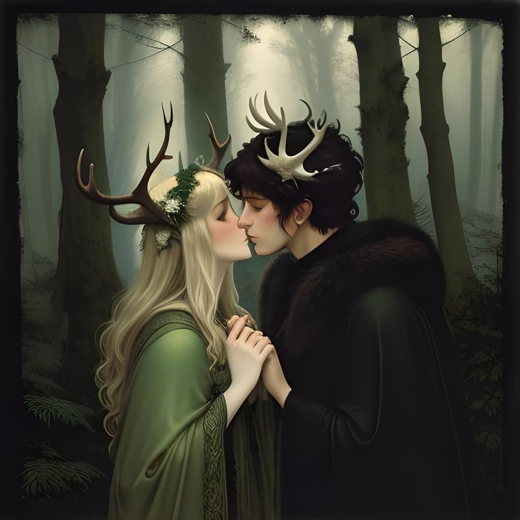 Girls Kissing in Forest Glade, Hyperrealistic Style