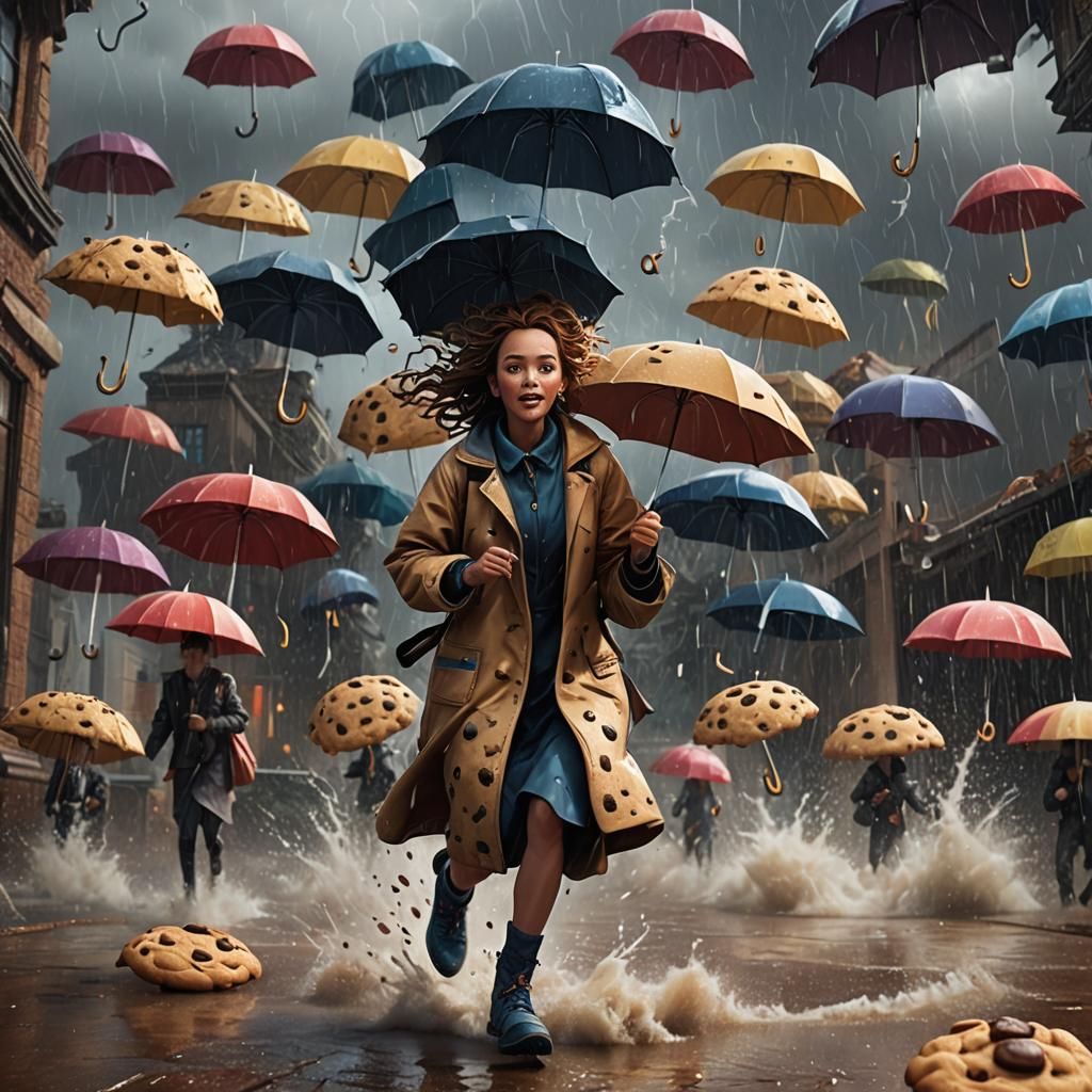 Cookie Woman Runs Through Storm: Fantasy Art