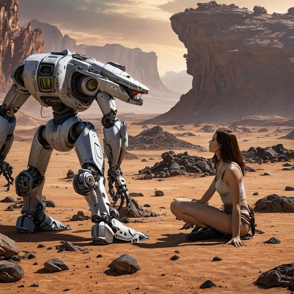 Woman and Robot on Alien World in Noir Style