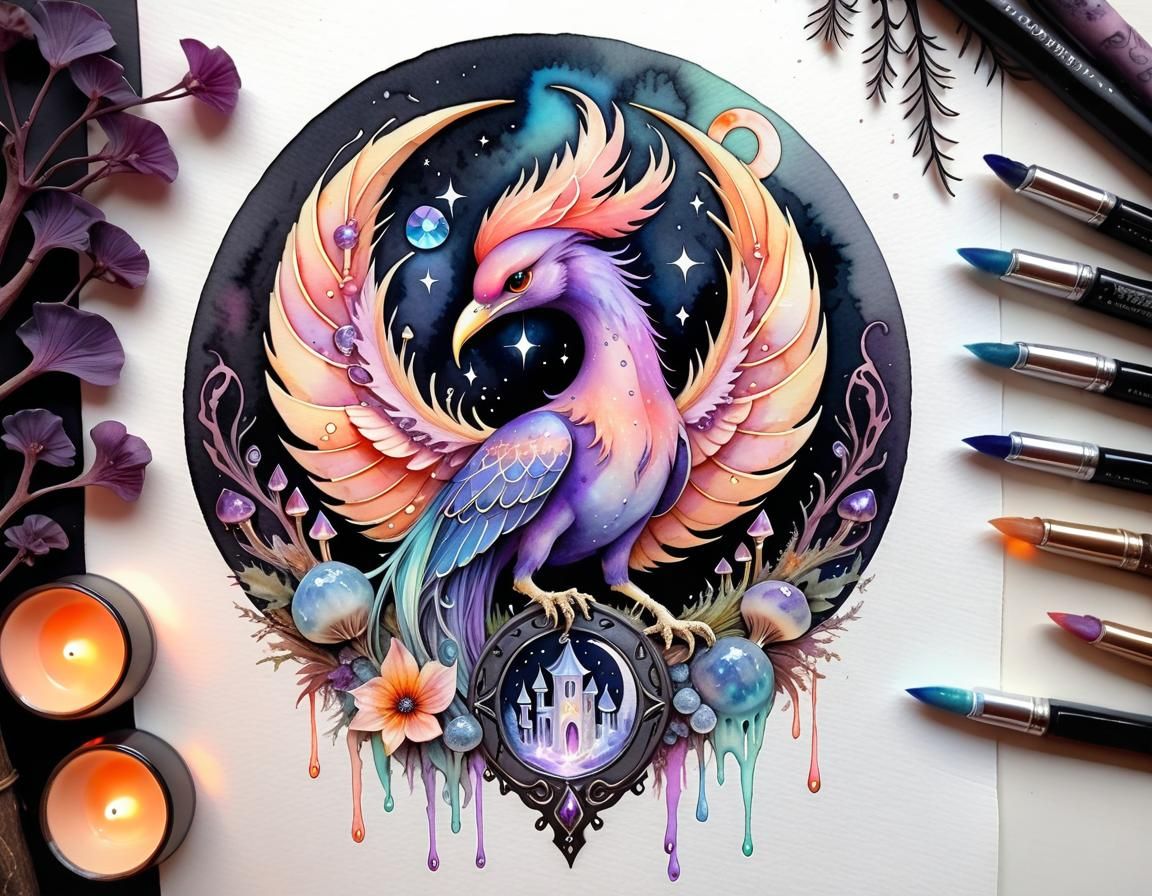 Phoenix in Cozy Pagan Home Watercolor Art