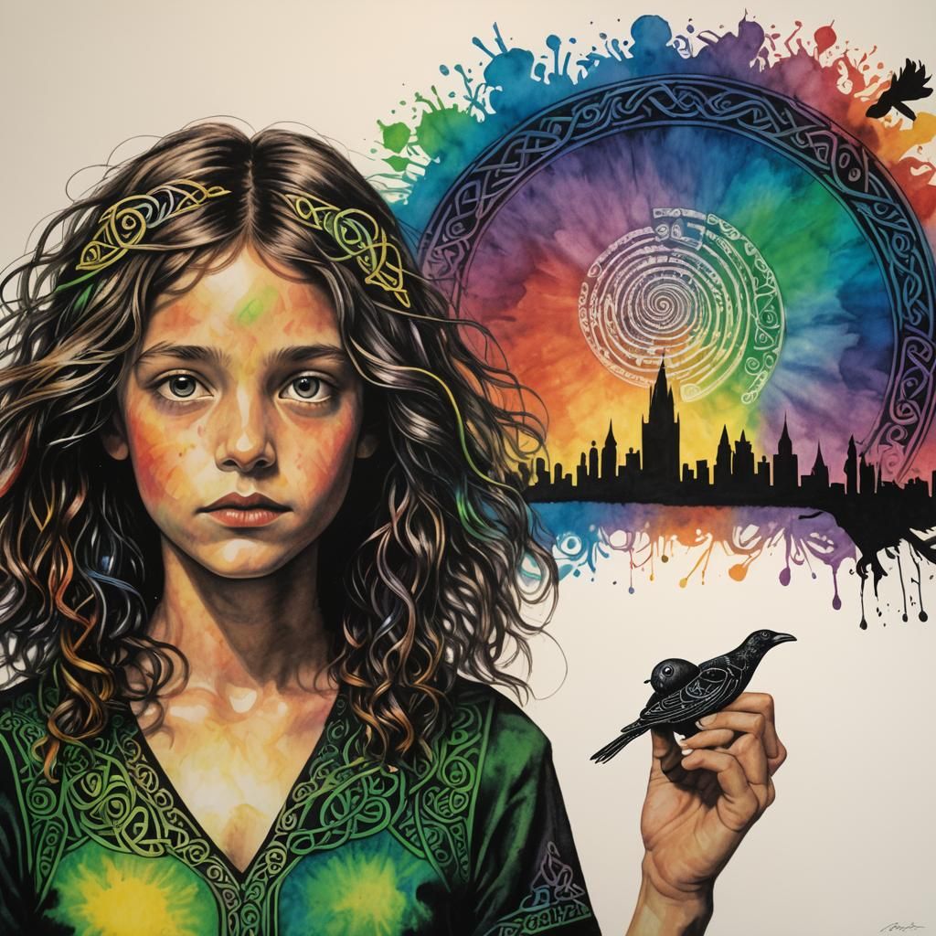 Celtic Raven Silhouette in Crayon and Rayograph Style