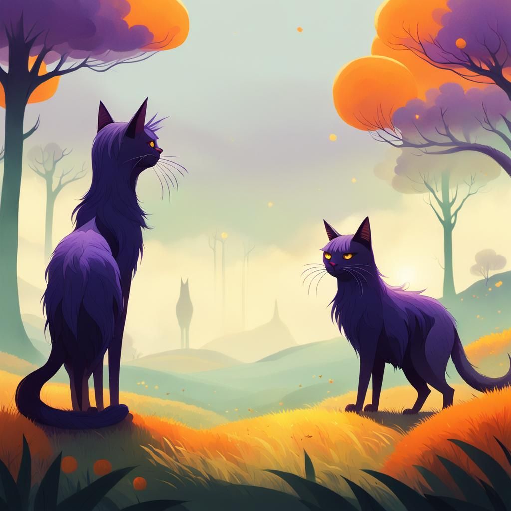 Fantastical Cat Creatures in Foggy Field, Digital Art