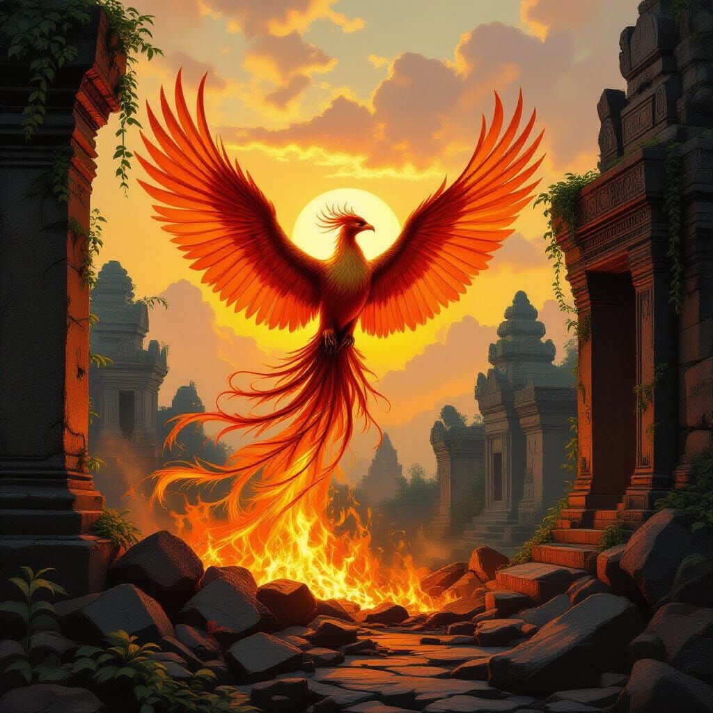 Majestic Phoenix Rises from Ashes in Oil Painting Style