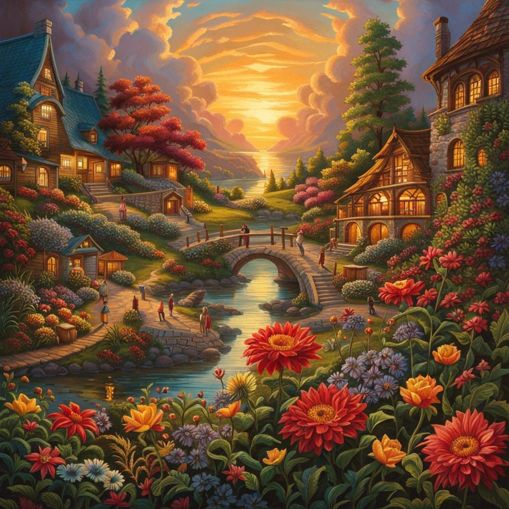 Windmill Garden: A Hyperdetailed Gouache Illustration