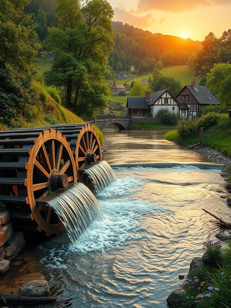 Traditional Waterwheels Along a Serene River in a Whimsical ...
