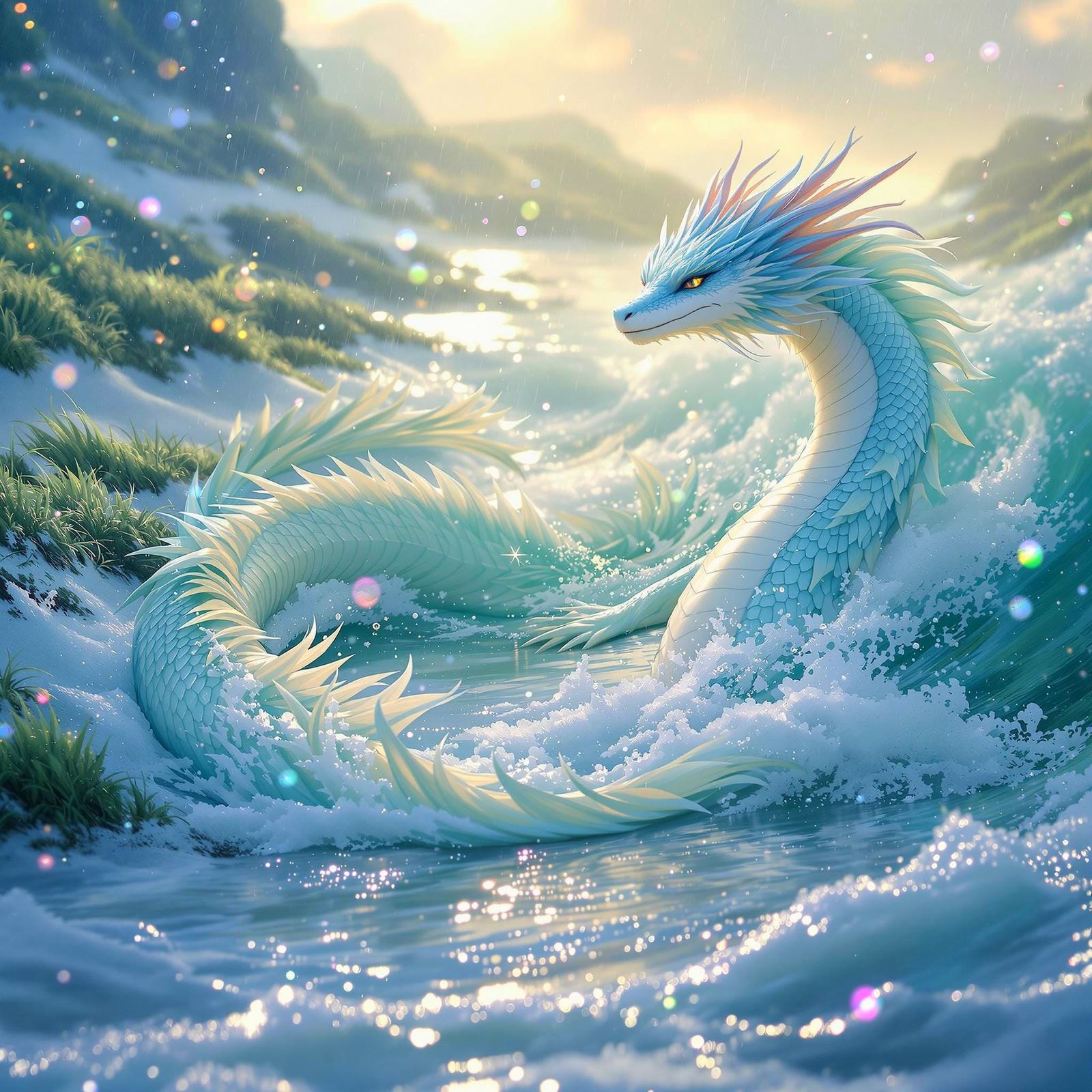 Water Dragon Basks in Dawn's Radiant Light