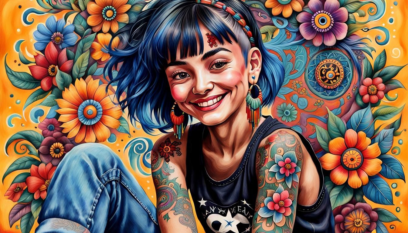 Tattooed Woman with Blue Hair in Gouache Style