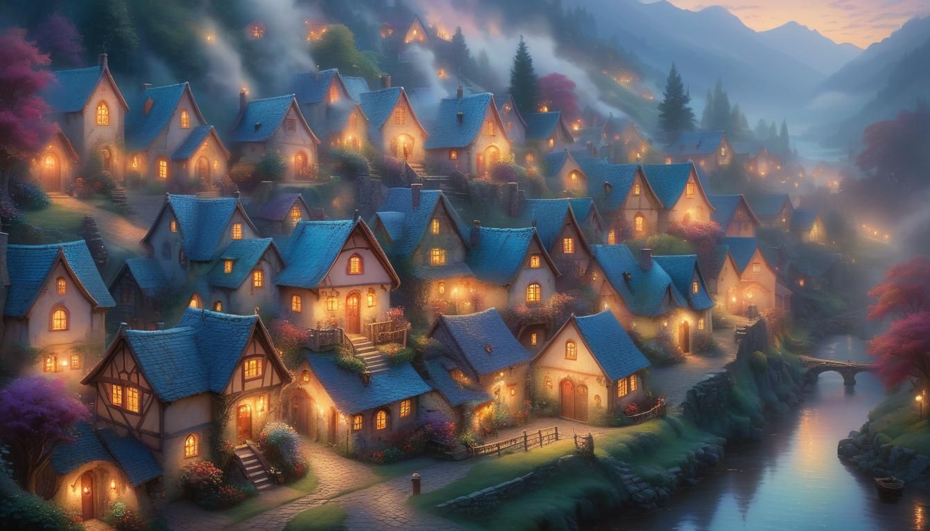Candlelit Village at Twilight in Ethereal Fantasy Art