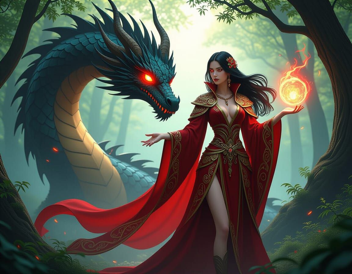Sorceress Summons Spectral Dragon in Art Nouveau Style