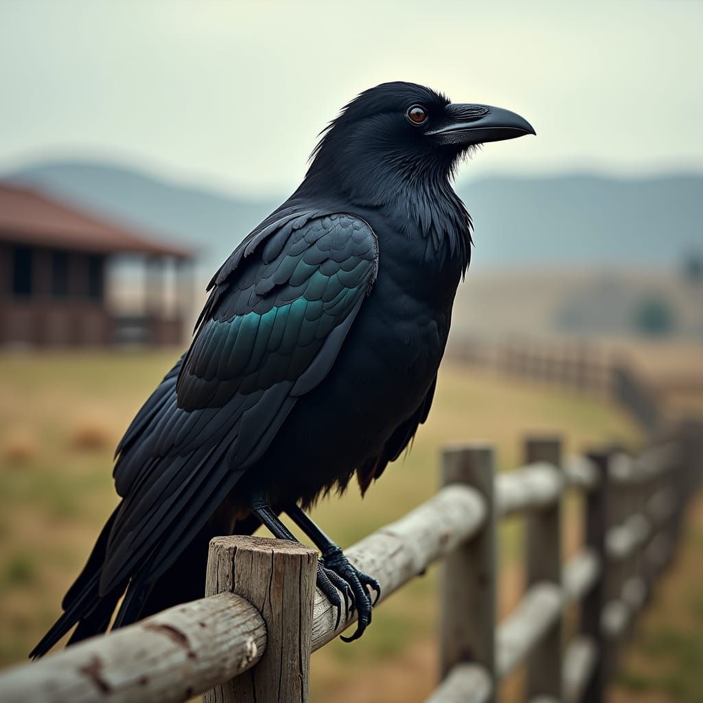 Iridescent Raven on Weathered Fence, Photorealistic Art