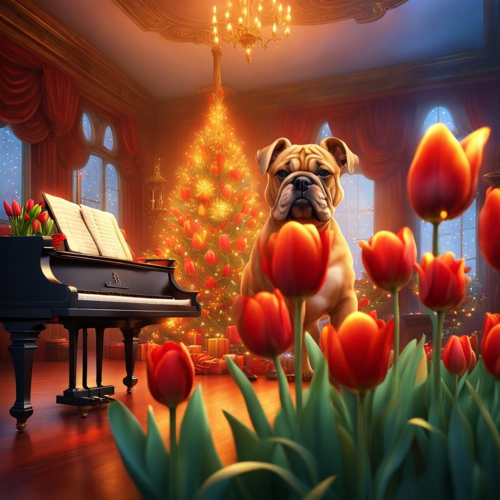 Whimsical Bulldog Puppy Dreamscape in Detailed Matte Paintin...