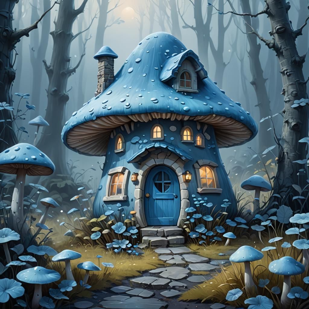 Cute Mushroom House Painting in Blue Monotone