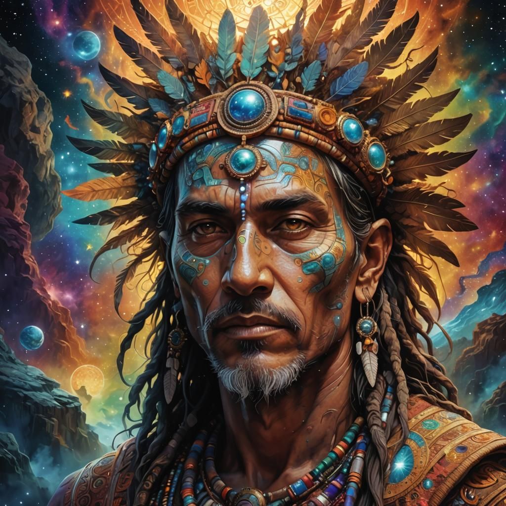 Cosmic Shamanic Journey in Mixed Media Style