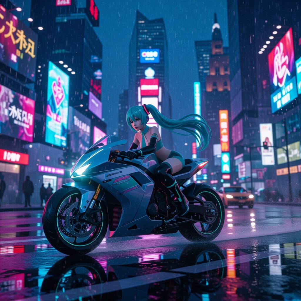 Hatsune Miku Rides Futuristic Motorcycle Through Neon City