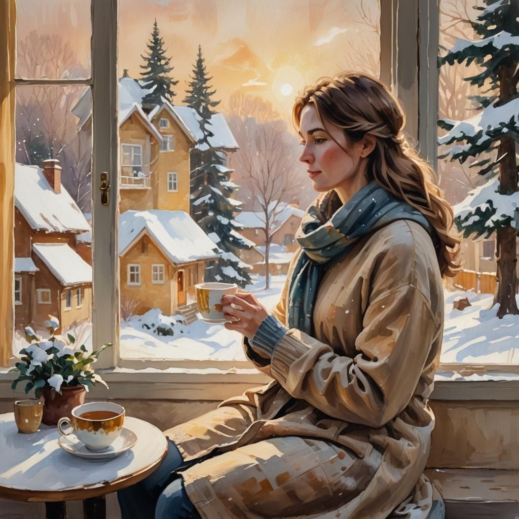 Impressionist Woman Observes Winter Snowfall with Warm Drink