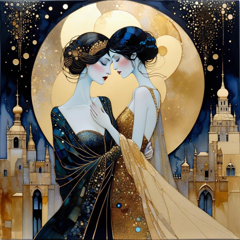 Romantic Embrace in Surreal Alcohol Ink Dreamscape