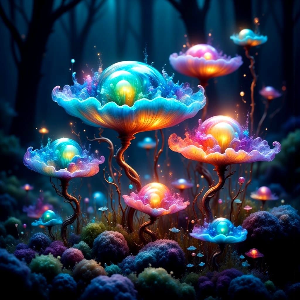 Bioluminescent Opal Mushrooms in Enchanted Grove