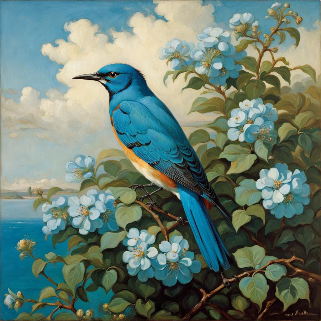 Cerulean Bird on Flower Bush, Waterhouse Style