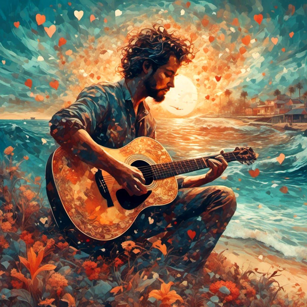 Surreal Guitar Singer Double Exposure in Impasto Style