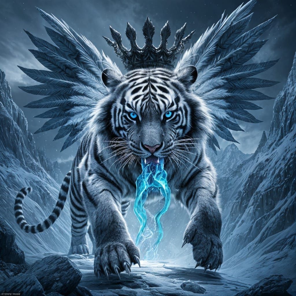 Winged Tiger Breathing Blue Fire in Biomechanical Style