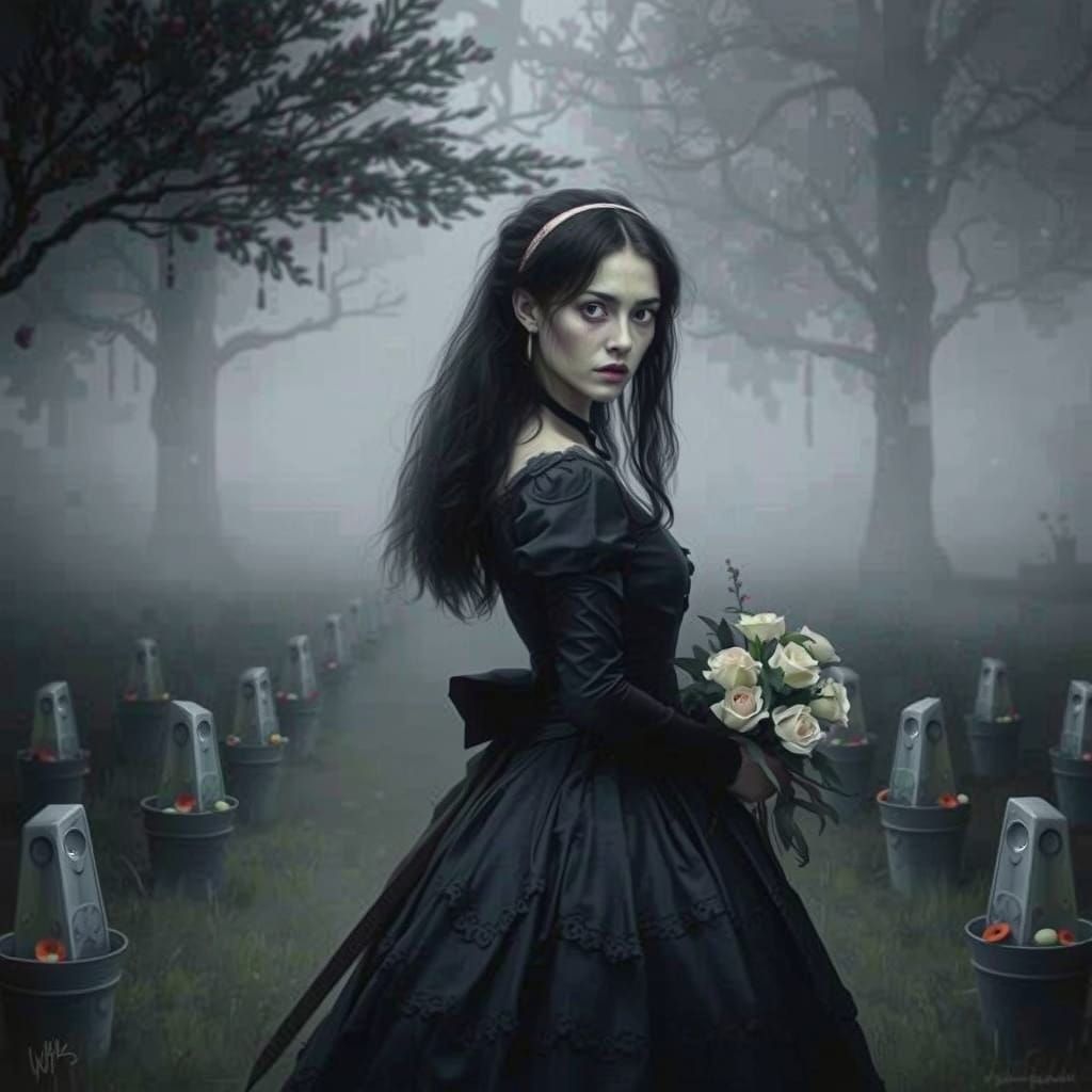 Horrified Woman in Victorian Dress, Dark Romanticism Style