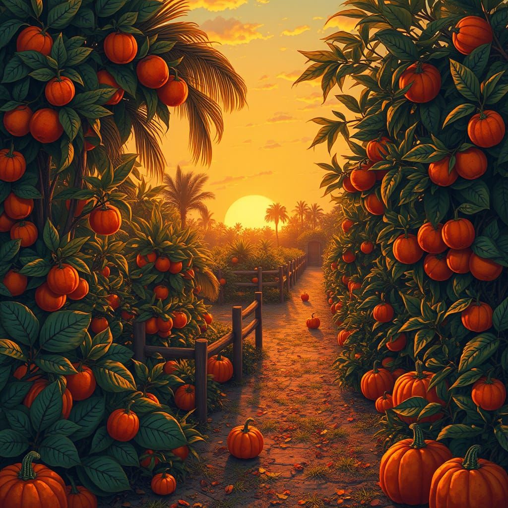 Whimsical Florida Sunset with Vibrant Fruits and Pumpkins