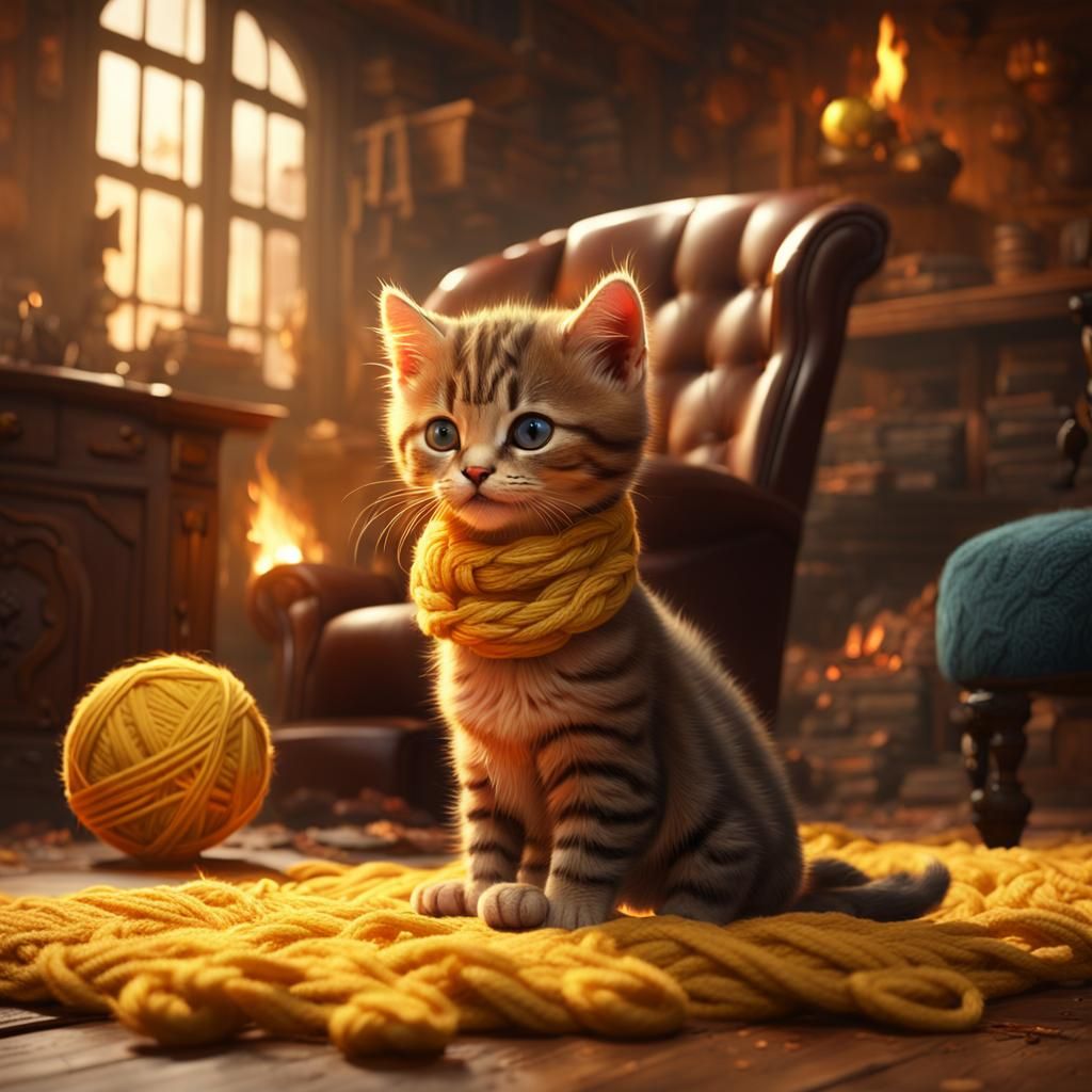 Kitten Playing with Wool by Firelight