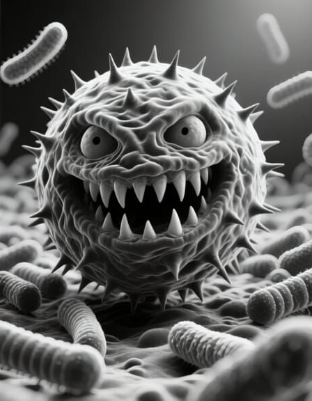 Microbe Monster Face in Grayscale Microscopic Scene