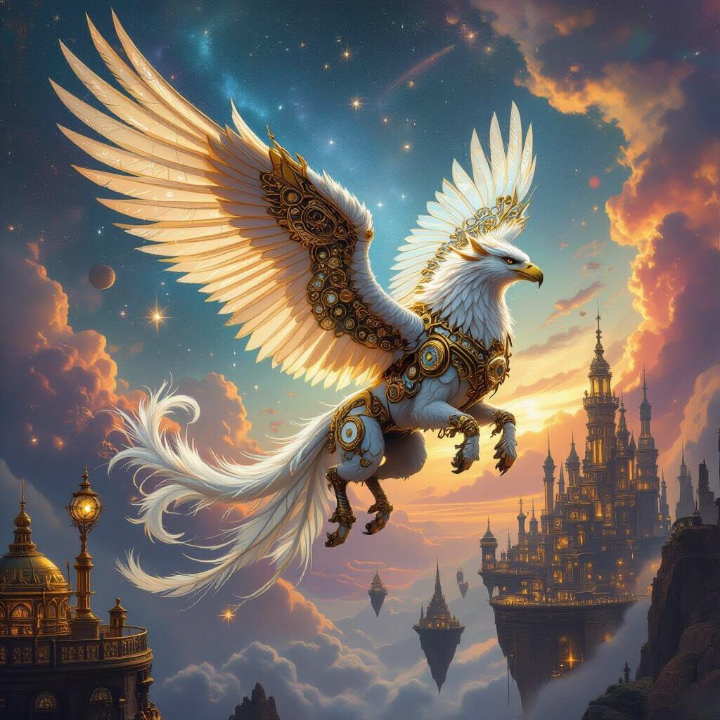 Clockwork Gryphon Soaring Through Nebula