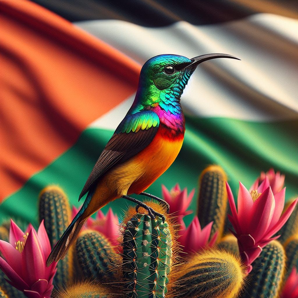 Northern Orange-tufted sunbird sitting on a cactus, Palestine flag in the background, hyper-realistic, iridescent vibran...