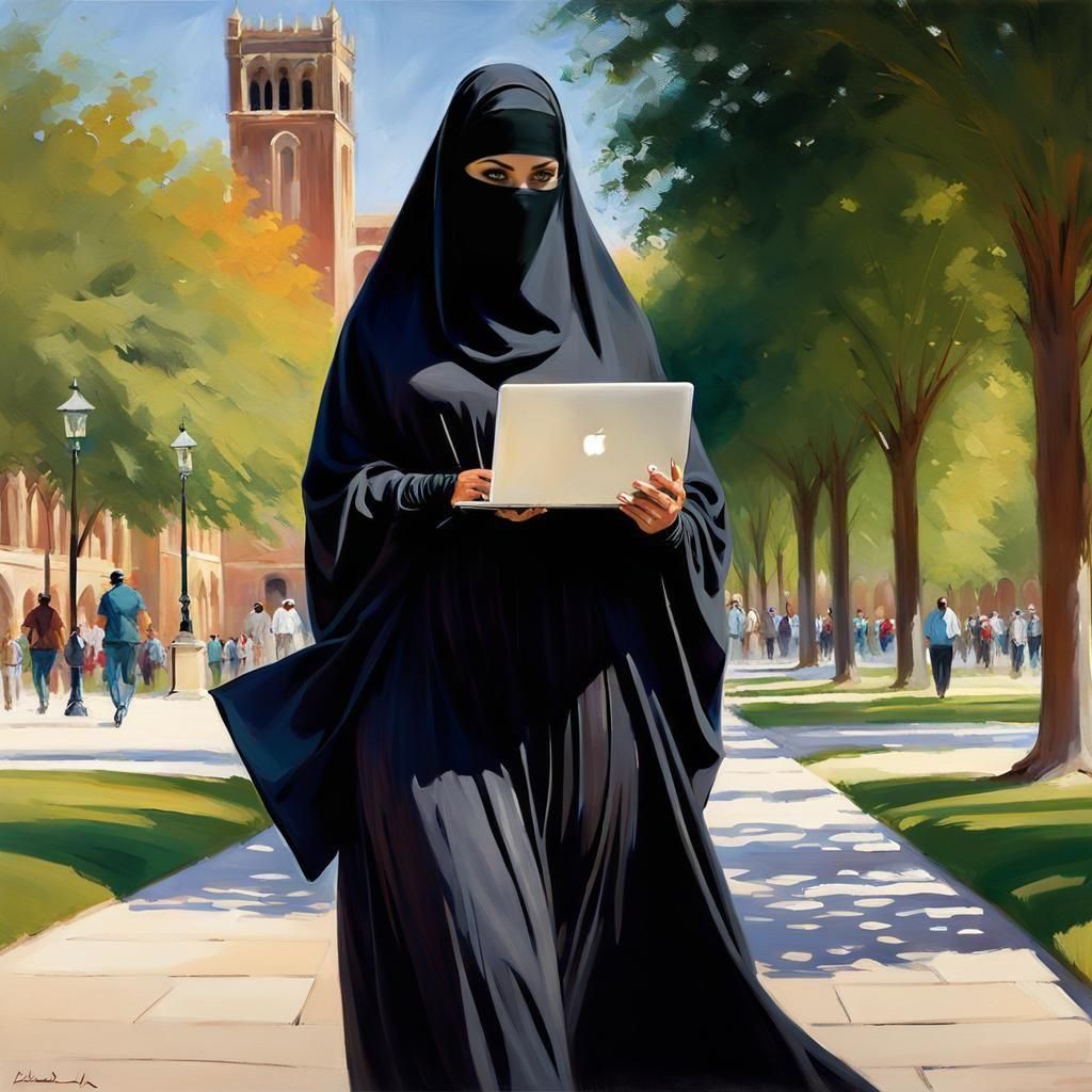Niqabi Woman Hurrying Across University Campus