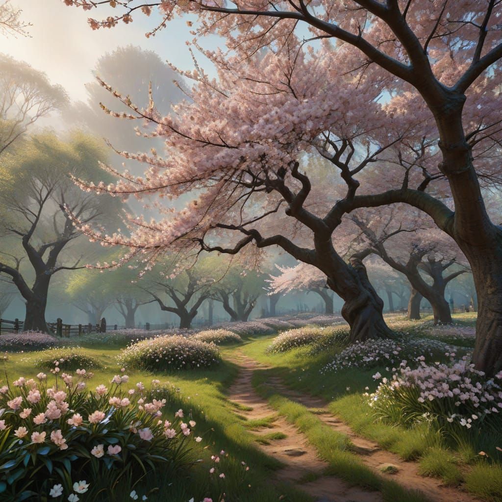 Winter Wonderland Cherry Blossom Orchid, Impressionist Fanta...