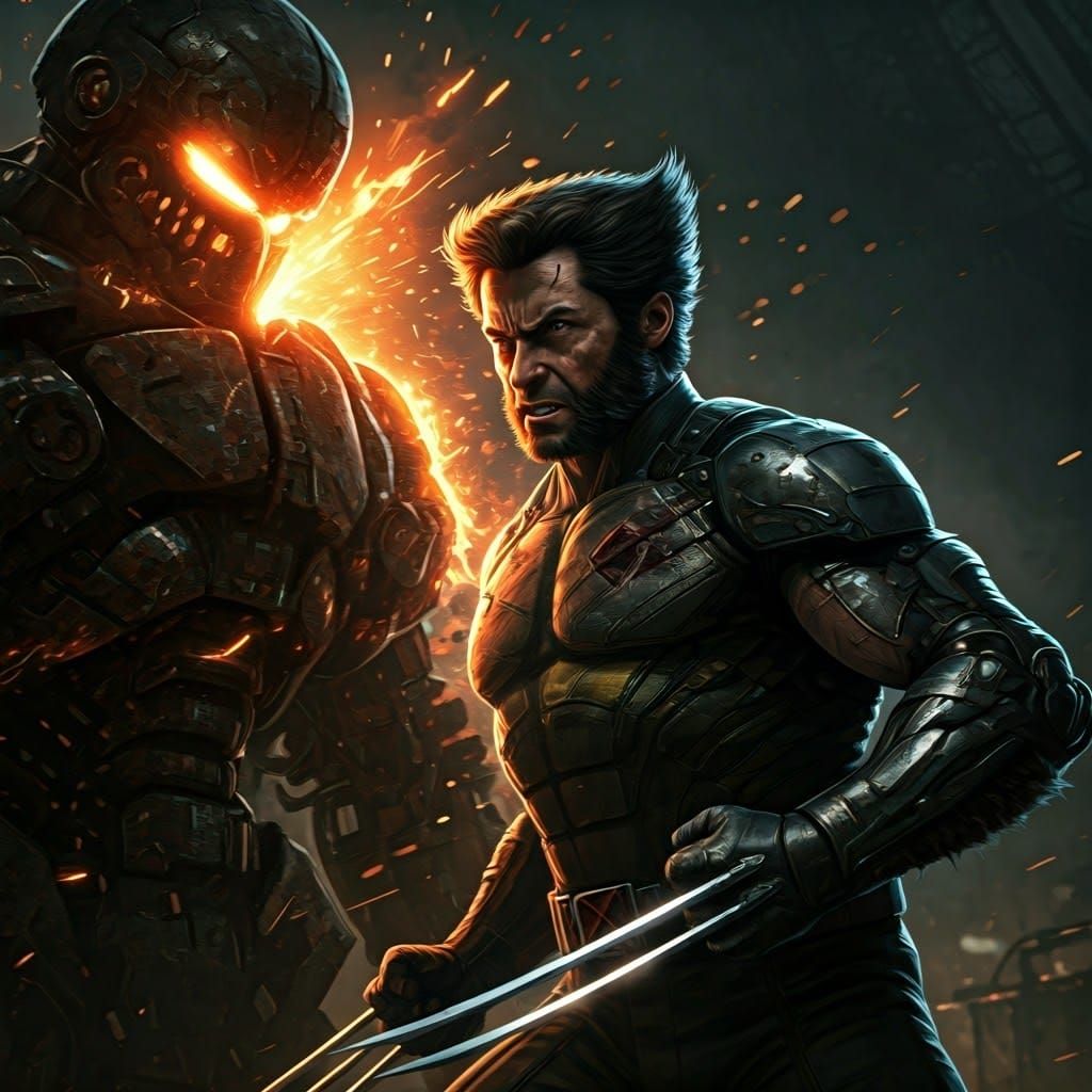 Wolverine Slashes Robot in Comic Book Style