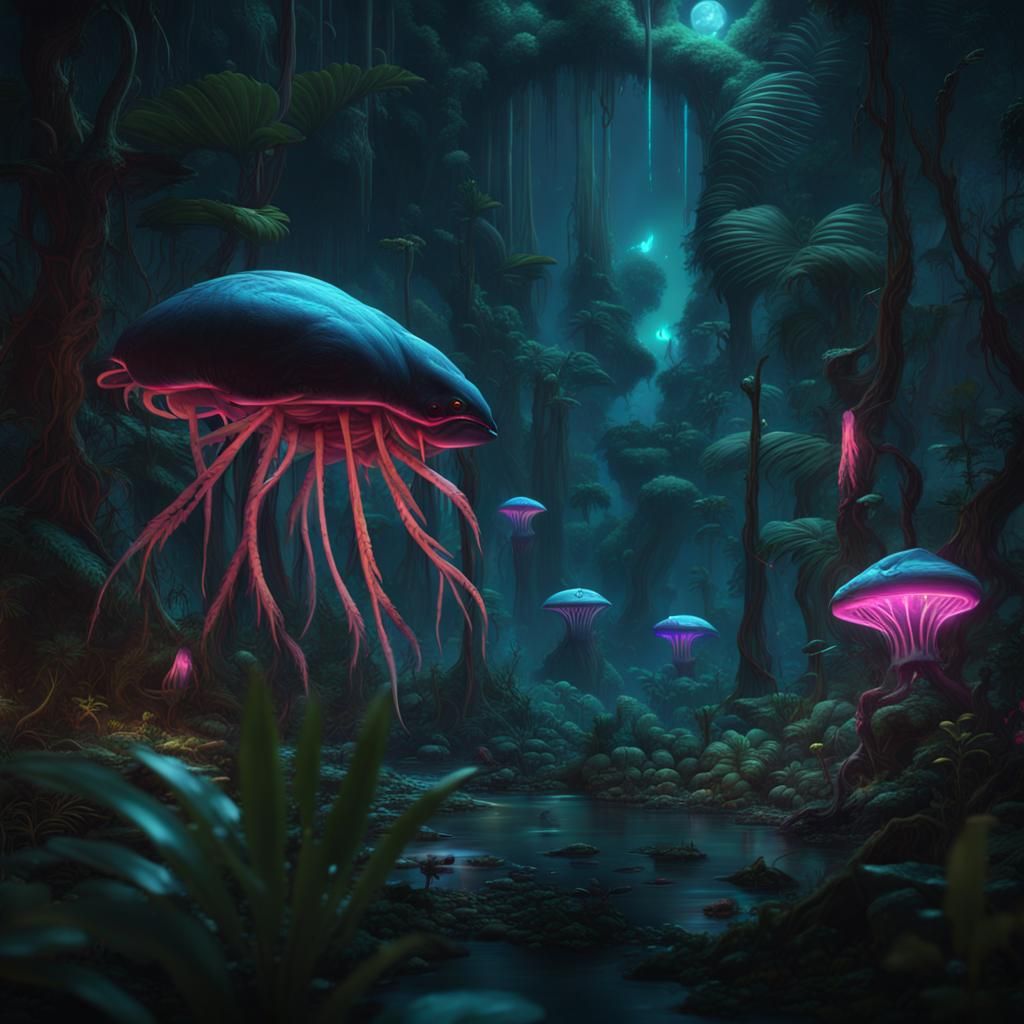 Bioluminescent Neon Creatures in Deep Forest