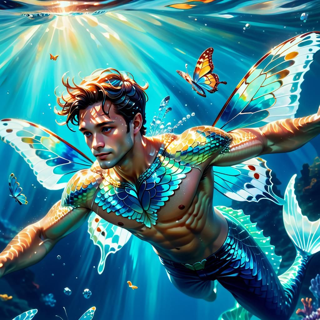 Merman with Butterfly Wings in Bioluminescent Ocean