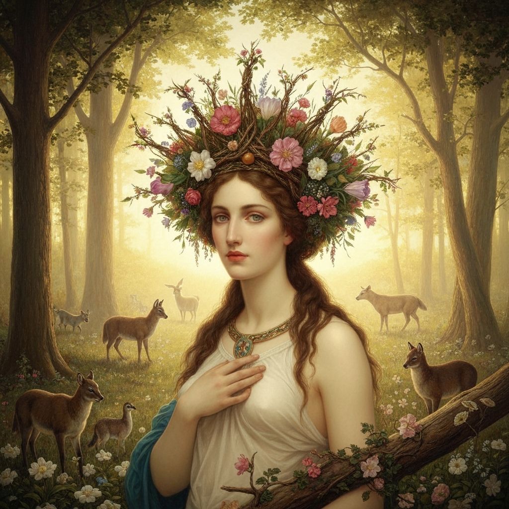 Divine Nature Goddess Crowned with Flowers and Wildlife