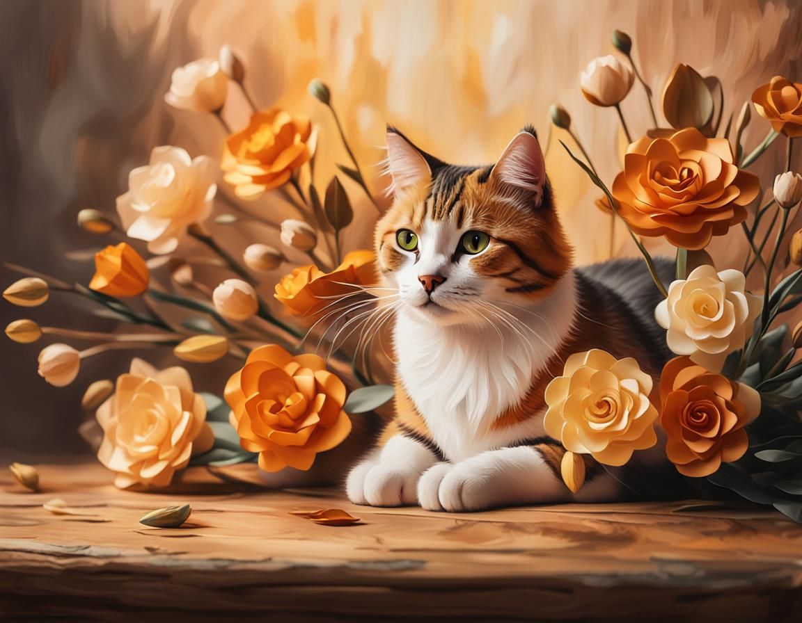Realistic Cat Painting Surrounded by Paper Flowers