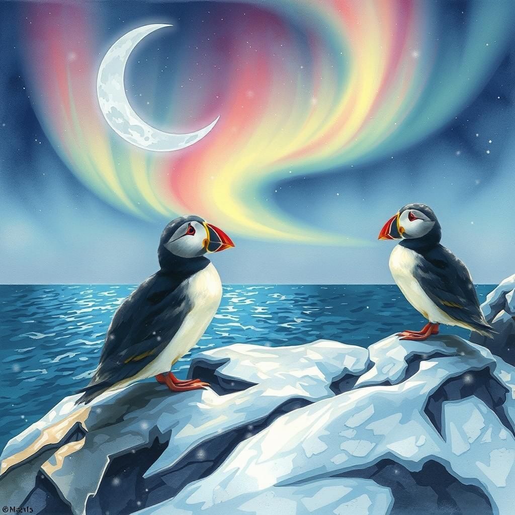 Surreal Puffin Landscape with Aurora, Digital Watercolor