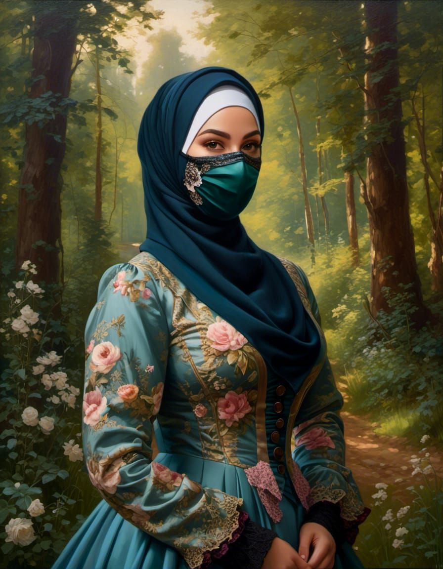 Victorian Woman with Facemask in Mystic Forest