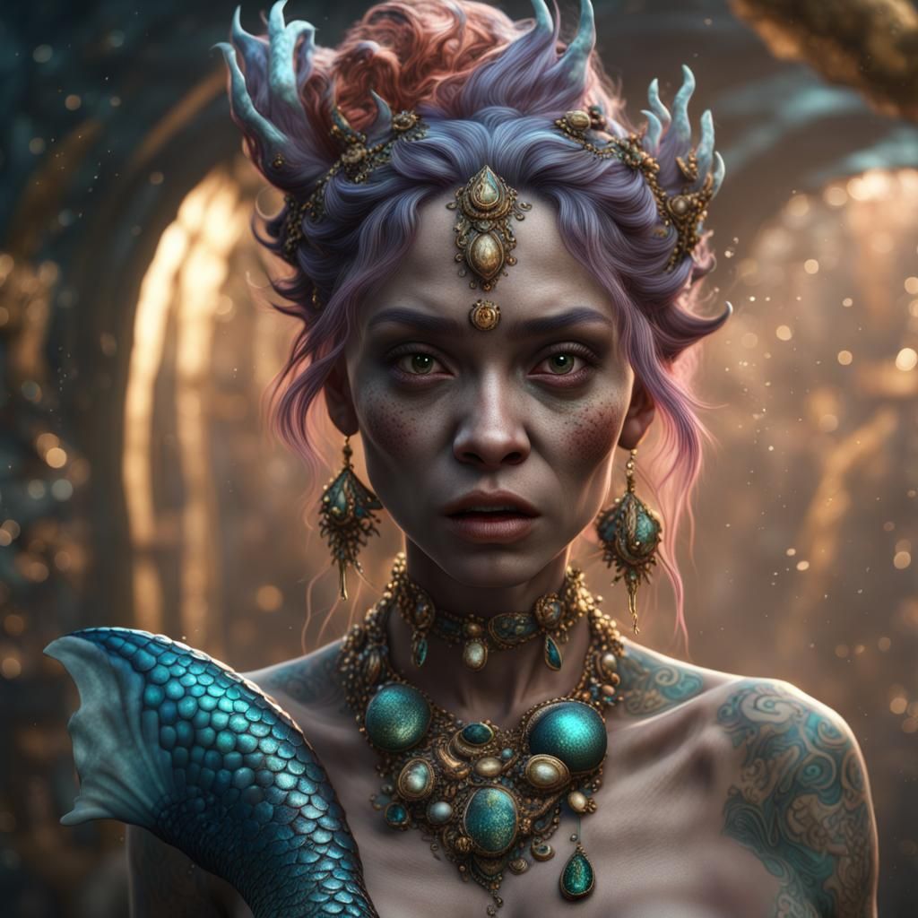 Hyperrealistic Ugly Mermaid with Futuristic Jewelry